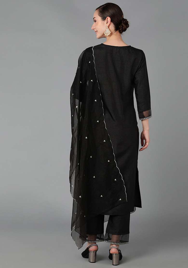 Black Embroidered Silk Blend Straight Kurta Set - Indya