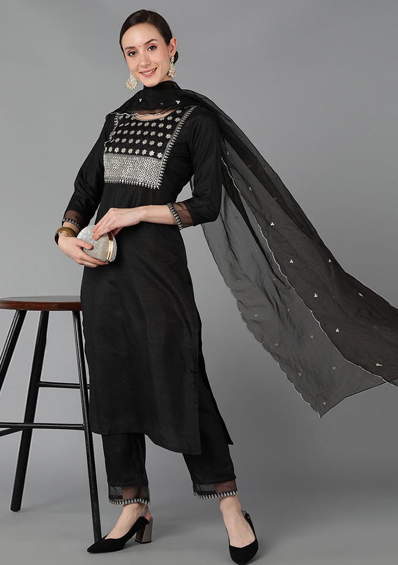 Black Solid Poly Silk Kurta Set