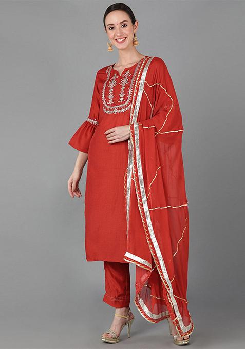 Rust Embroidered Polyester Kurta Set