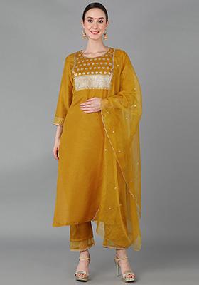 Mustard Solid Poly Silk Kurta Set