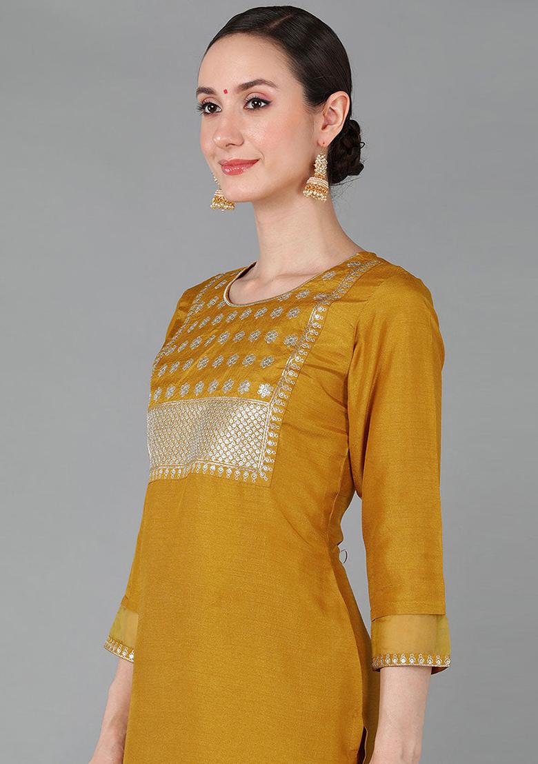 Mustard Solid Poly Silk Kurta Set - Indya