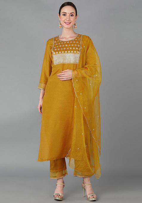 Mustard Solid Poly Silk Kurta Set