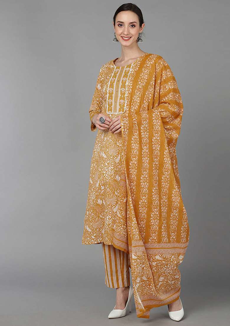 Mustard Printed Cotton Kurta Set - Indya
