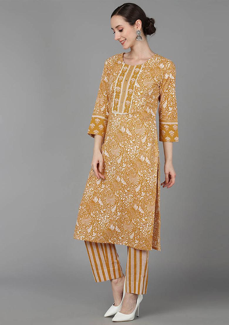 Mustard Printed Cotton Kurta Set