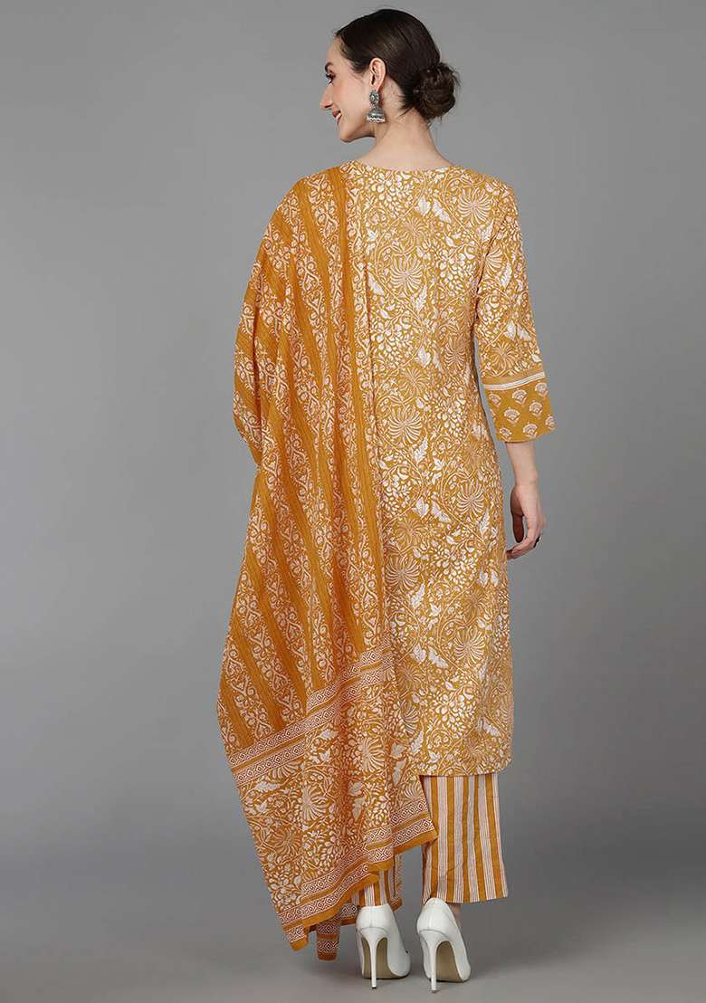 Mustard Printed Cotton Kurta Set - Indya