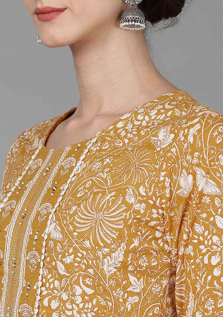 Mustard Printed Cotton Kurta Set