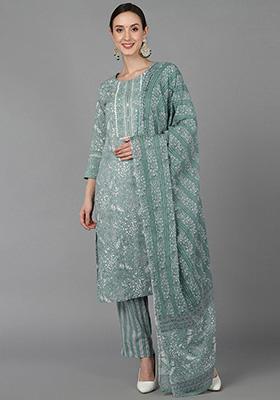 Green Printed Cotton Kurta Set