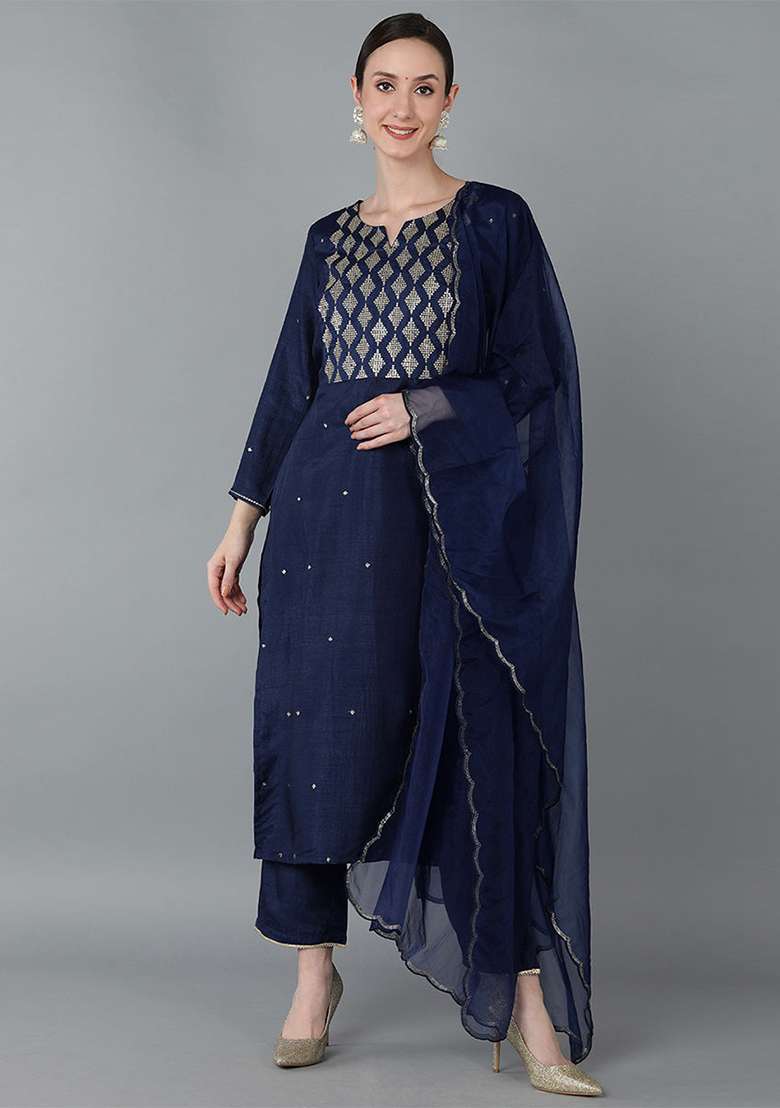 Navy Blue Yoke Design Silk Blend Kurta Set - Indya