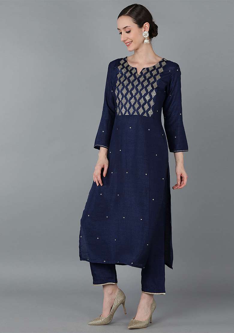 Navy Blue Yoke Design Silk Blend Kurta Set - Indya