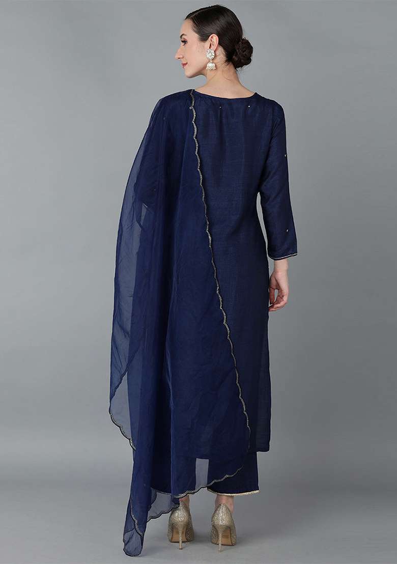Navy Blue Yoke Design Silk Blend Kurta Set - Indya