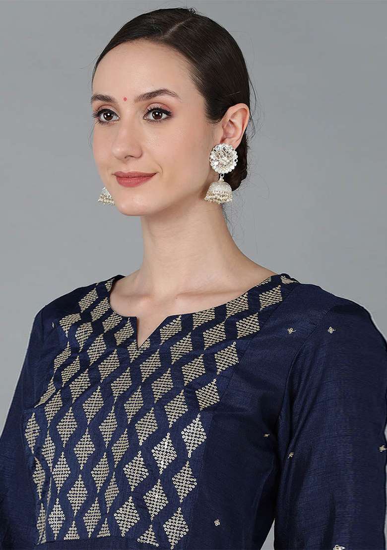 Navy Blue Yoke Design Silk Blend Kurta Set - Indya