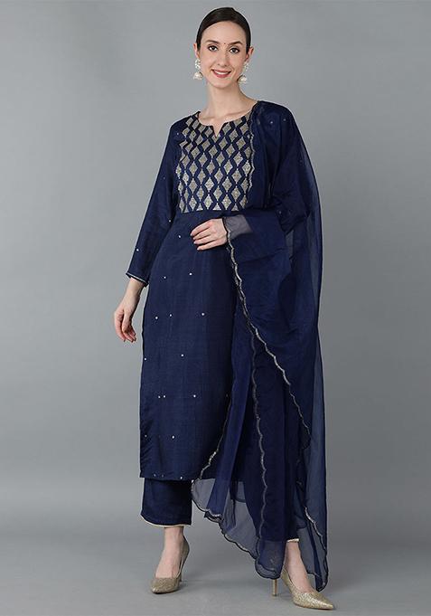 Navy Blue Yoke Design Silk Blend Kurta Set