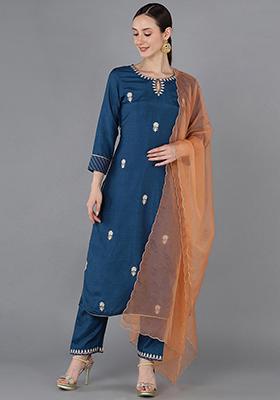 Teal Embroidered Silk Blend Kurta Set