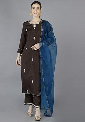 Grey Embroidered Silk Blend Kurta Set