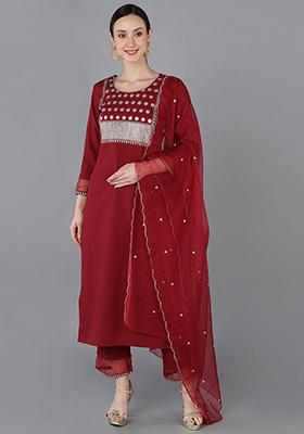 Red Yoke Design Poly Silk Kurta Set
