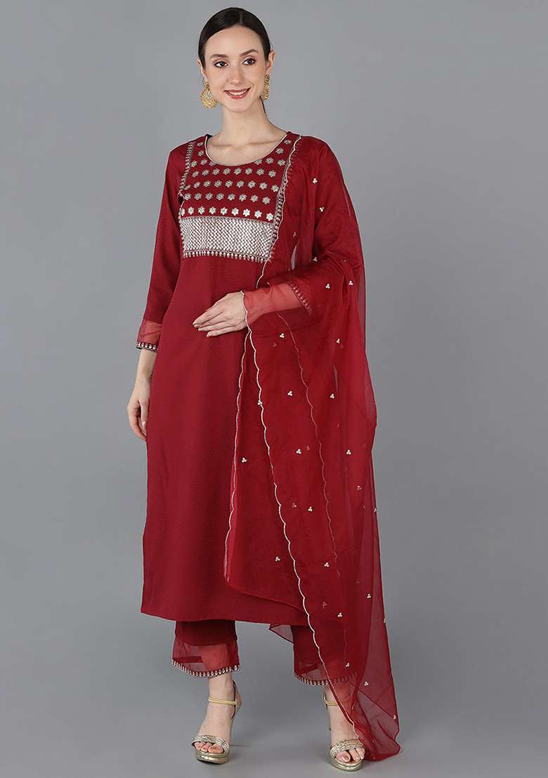Red Mirror Work Silk Blend Straight Kurta Set - Indya