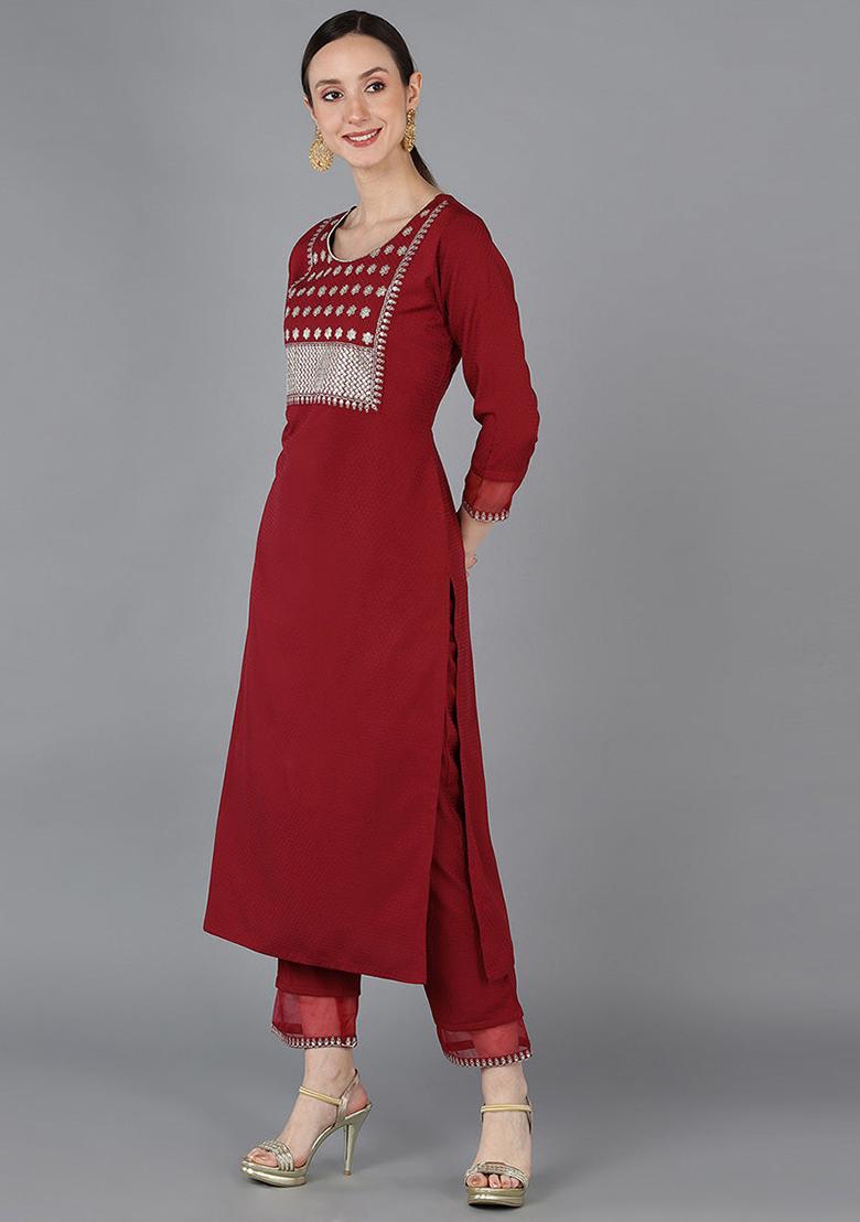 Red Yoke Design Poly Silk Kurta Set