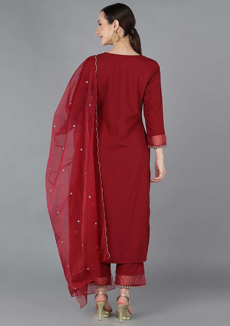 Red Mirror Work Silk Blend Straight Kurta Set - Indya