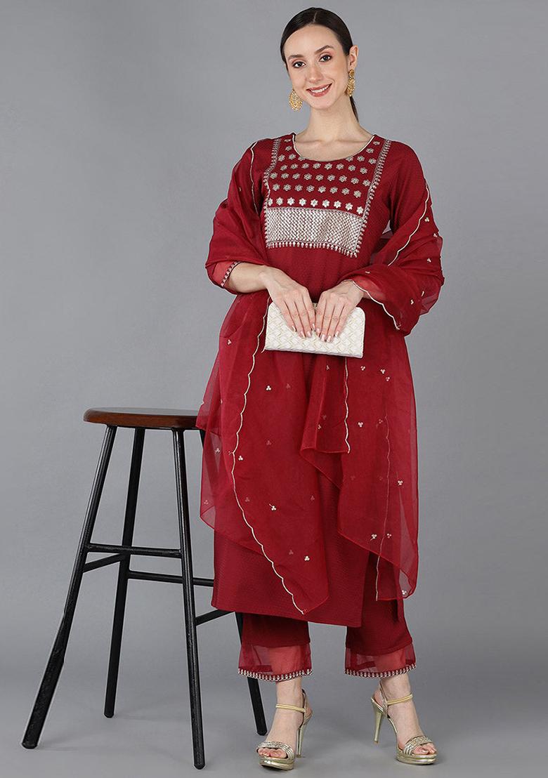Red Yoke Design Poly Silk Kurta Set