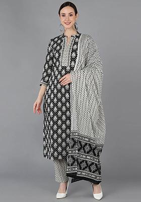 Black Printed Rayon Blend Kurta Set