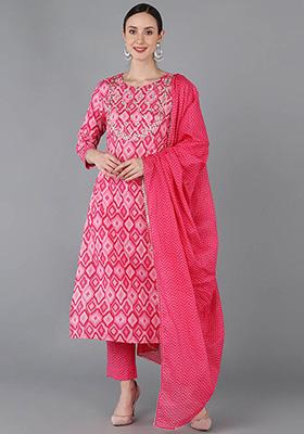 Pink Printed Cotton Kurta Set