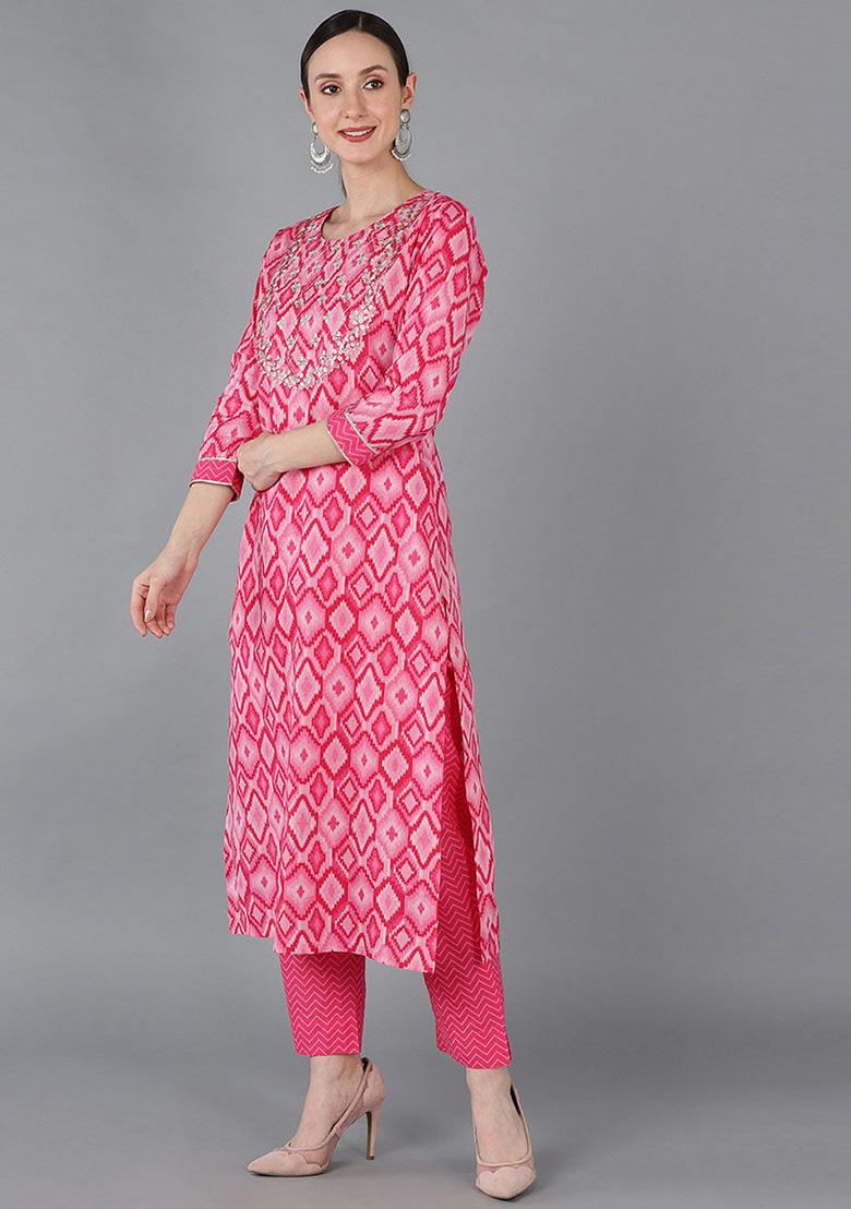 Pink Printed Cotton Kurta Set