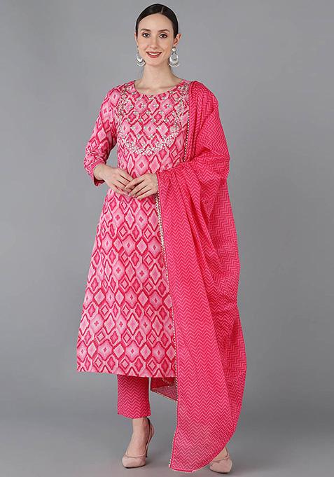Pink Printed Cotton Kurta Set