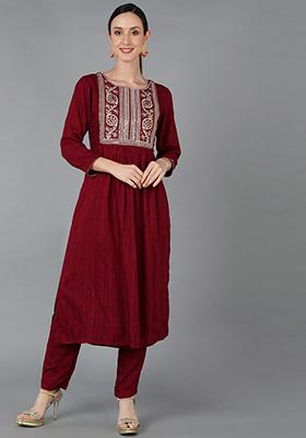 Maroon Yoke Design Silk Blend Kurta Set