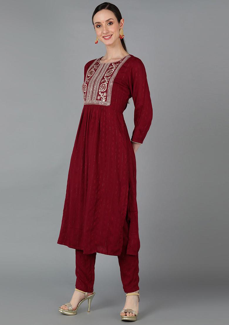 Maroon Yoke Design Silk Blend Kurta Set