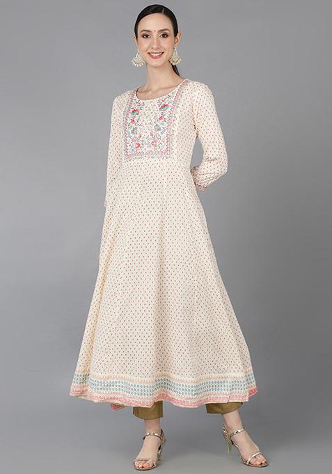 Cream Printed Rayon Kurta