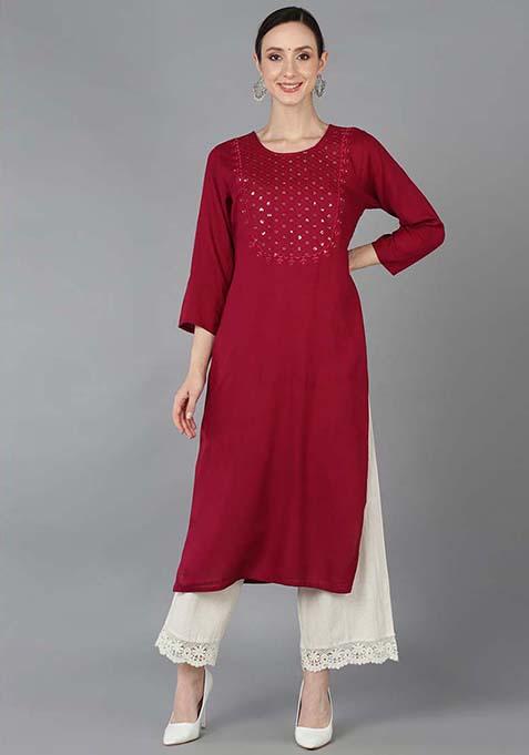 Maroon Yoke Design Cotton Blend Kurta