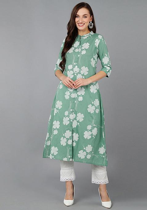 Green Printed Cotton Kurta