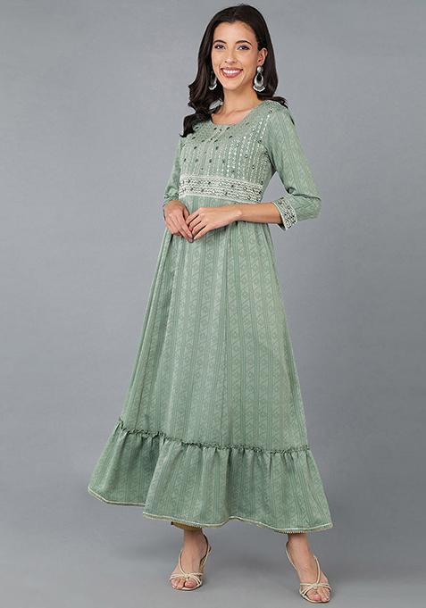 Green Embroidered Silk Blend Kurta