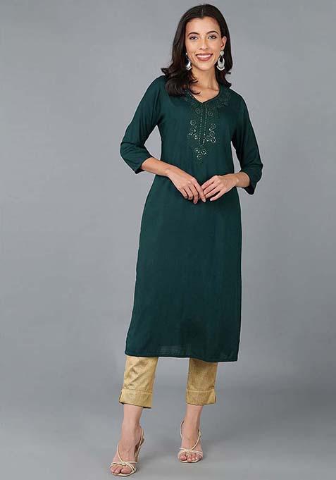 Green Embroidered Cotton Blend Kurta