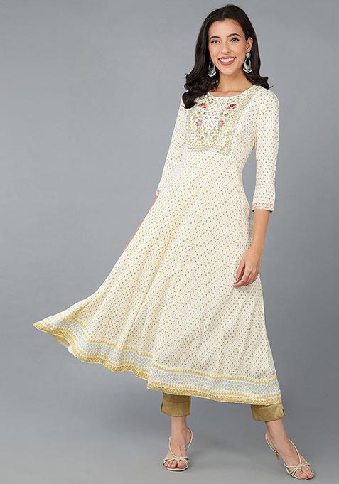 Cream Embroidered Rayon Kurta