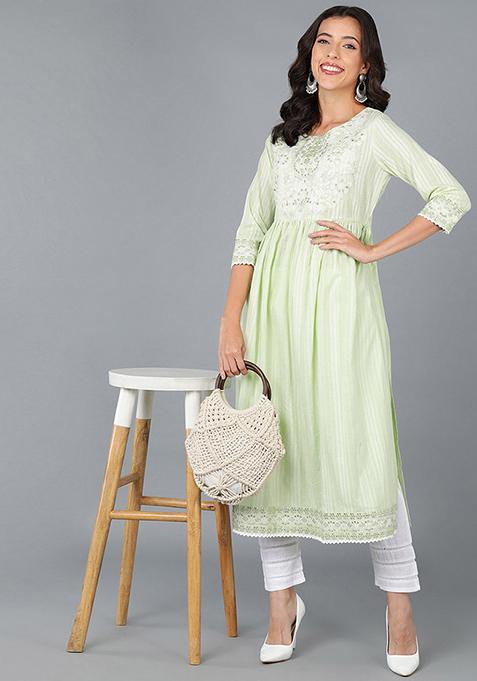 Green Embroidered Cotton Kurta