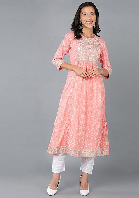 Peach Yoke Design Cotton Kurta