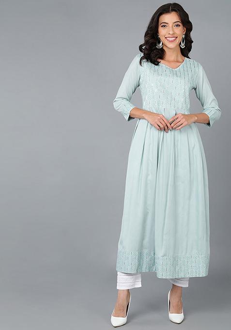 Blue Embroidered Cotton Kurta