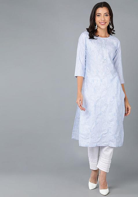 Blue Embroidered Cotton Kurta