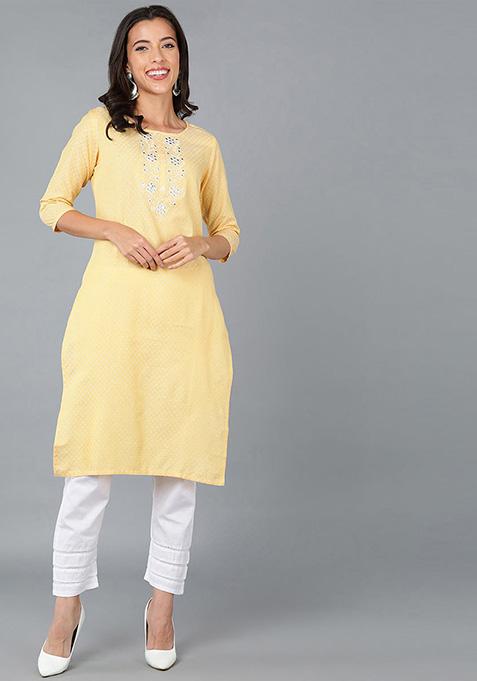 Yellow Embroidered Cotton Kurta