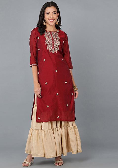 Red Embroidered Cotton Blend Kurta