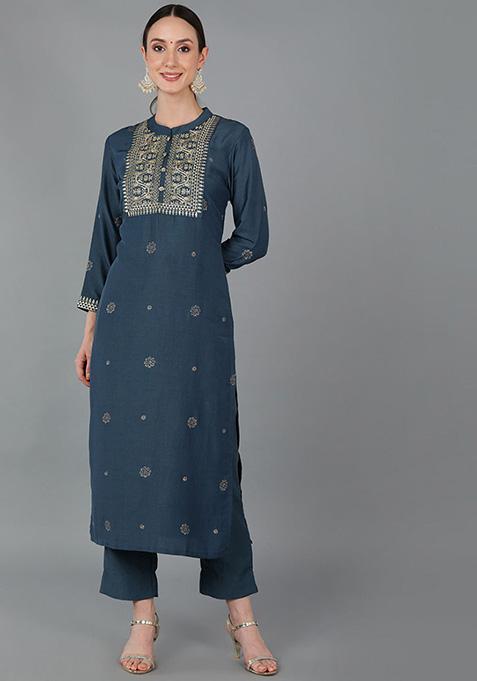 Navy Blue Yoke Design Silk Blend Kurta