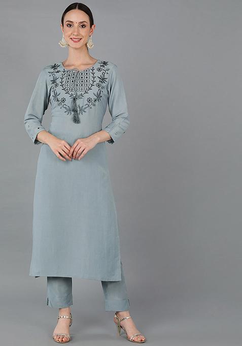 Blue Yoke Design Silk Blend Kurta