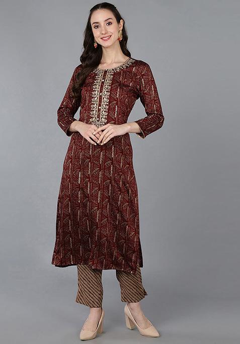 Maroon Embroidered Silk Blend Kurta