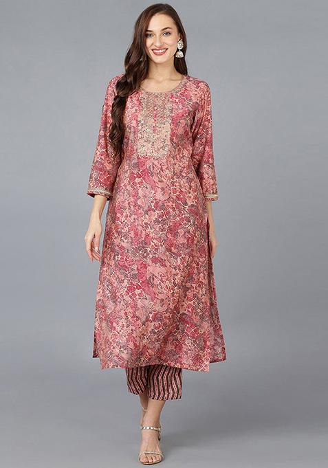 Peach Embroidered Silk Blend Kurta