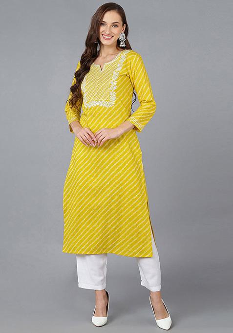 Yellow Embroidered Cotton Kurta