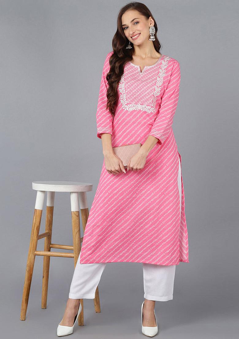 Pink Embroidered Cotton Kurta