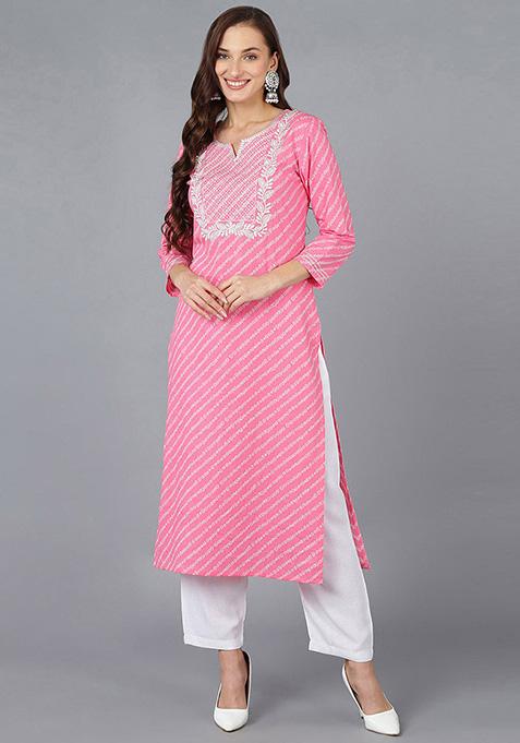 Pink Embroidered Cotton Kurta