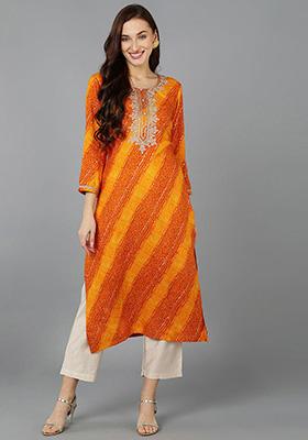 Orange Embroidered Rayon Kurta