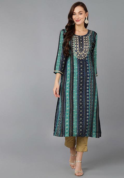 Navy Blue Embroidered Rayon Kurta